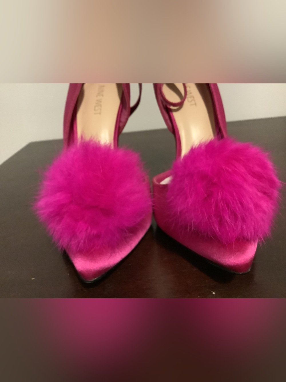 Women's Hot Pink Satin Pom Pom High Heels Nine West - Picture 3 of 8